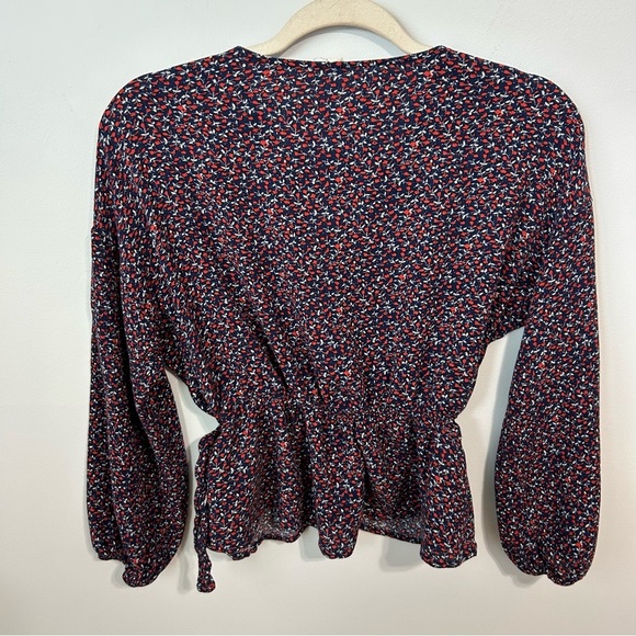 Anthropologie Lazy Sundays Navy Blue Red Faux Wrap Blouse Tie Front Size Small - Picture 3 of 4